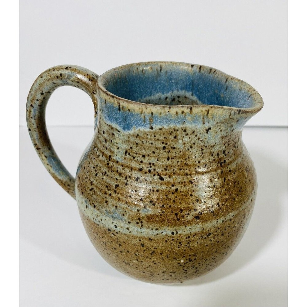 Vintage Pottery Pitcher Handmade Kiln Glazed Ceramic Swirl Ocean Drip Small